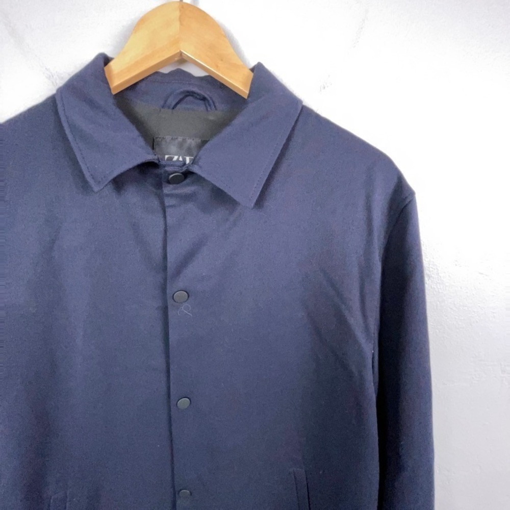 Zara Jacket Mens Large Navy Blue 4 Way Stretch Snap Button Collared Minimalist